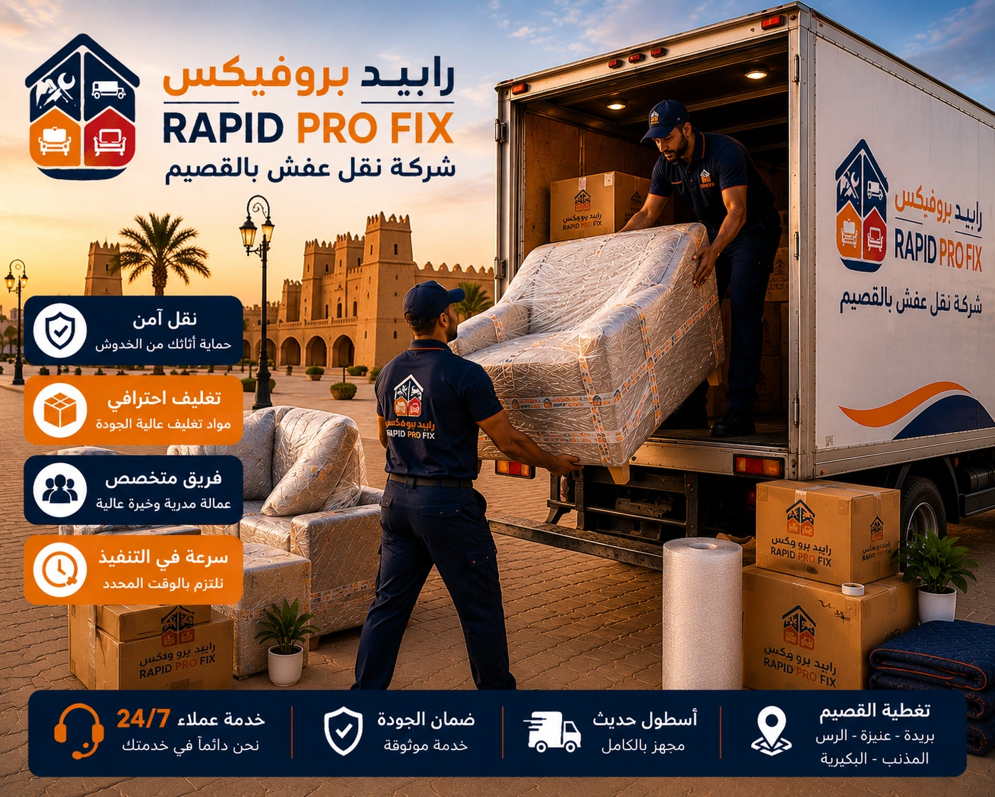 شركة نقل عفش بالقصيم تقدم خدمات متكاملة لنقل الأثاث السكني والتجاري مع التغليف الاحترافي والفك والتركيب ونقل الشقق والفلل والمكاتب بواسطة فرق متخصصة وسيارات مجهزة للحفاظ على جميع المنقولات.