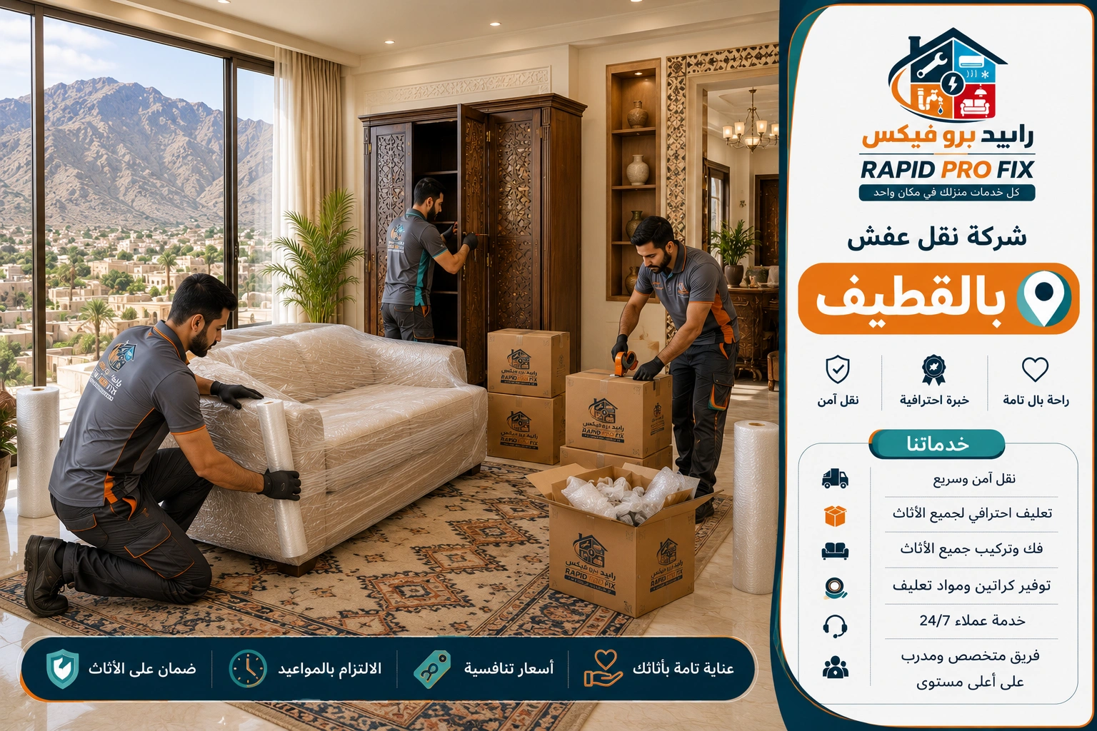 خدمات تغليف الأثاث بالقطيف باستخدام مواد حماية عالية الجودة للحفاظ على الأثاث والأجهزة المنزلية والمقتنيات الحساسة أثناء النقل والتركيب.