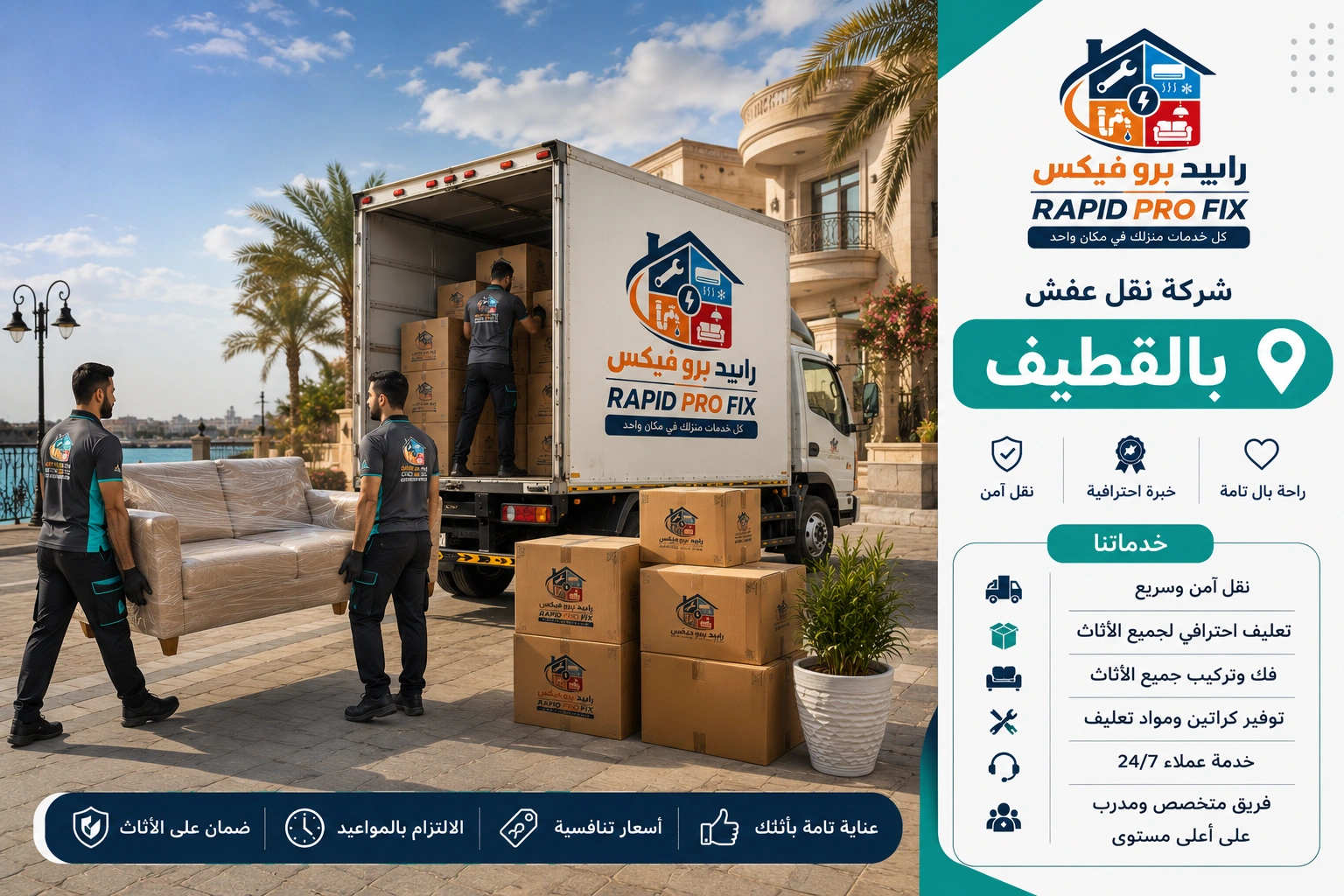 شركة نقل عفش بالقطيف تقدم خدمات متكاملة لنقل الأثاث السكني والتجاري مع التغليف الاحترافي والفك والتركيب ونقل الشقق والفلل والمكاتب بواسطة فرق متخصصة وسيارات مجهزة للحفاظ على جميع المنقولات.