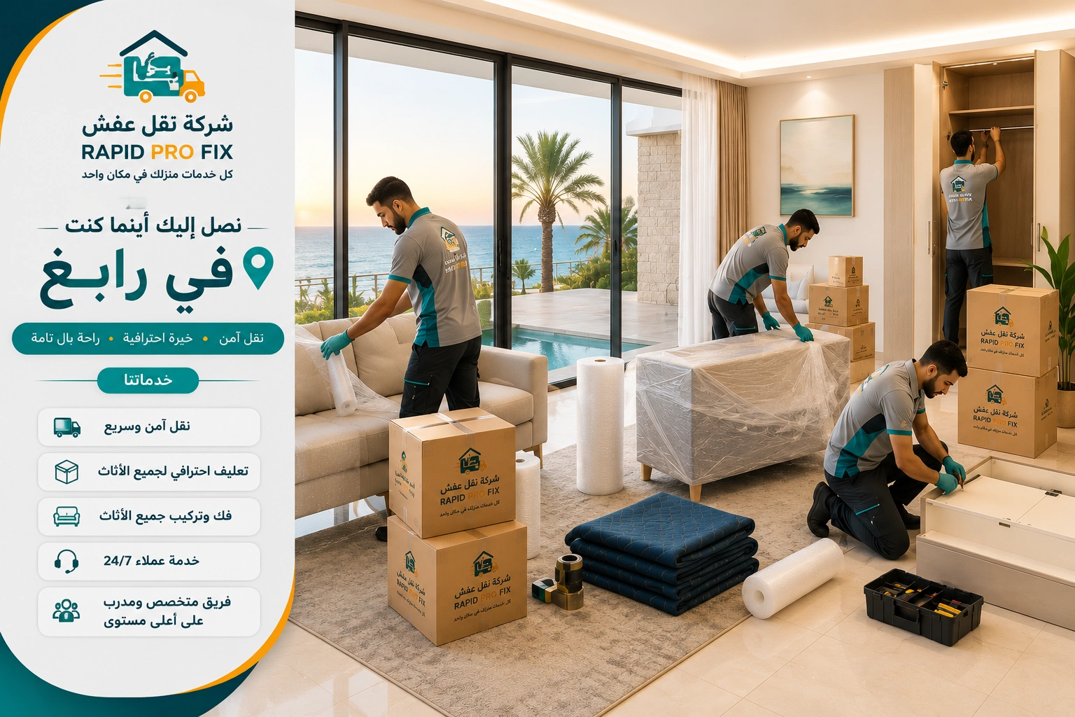 خدمات تغليف الأثاث برابغ باستخدام مواد حماية عالية الجودة للحفاظ على الأثاث والأجهزة المنزلية والمقتنيات الحساسة أثناء النقل والتركيب.