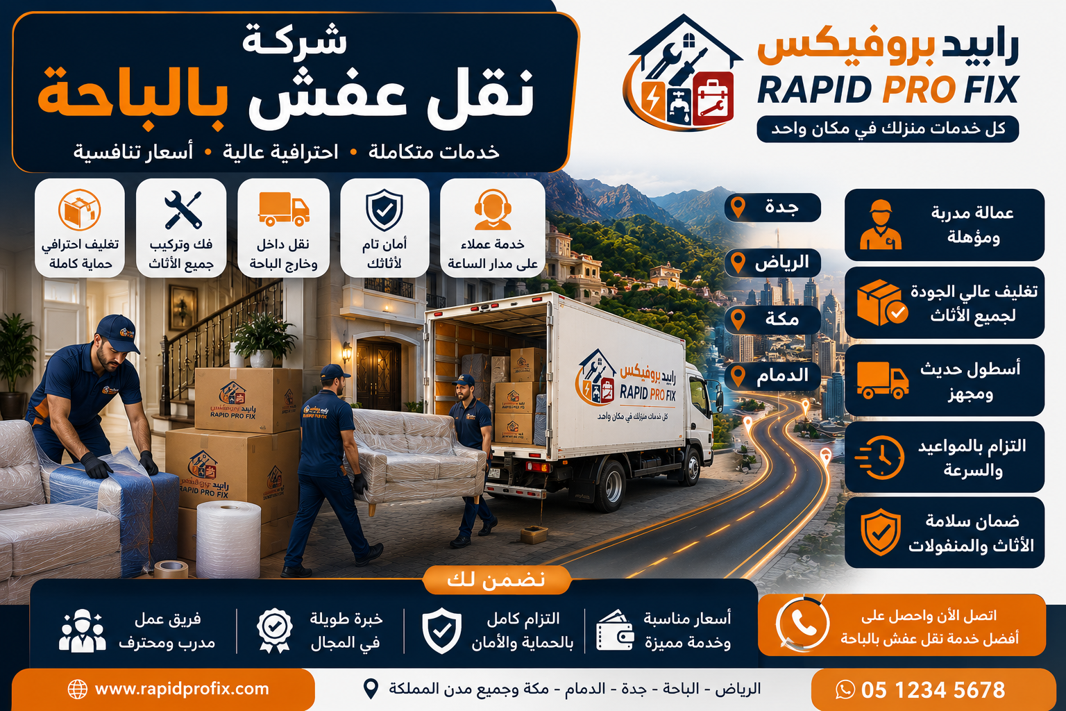 رابيد بروفيكس تقدم خدمات نقل عفش بالباحة تشمل التغليف الاحترافي والفك والتركيب والتحميل والنقل داخل المدينة وإلى جميع مدن المملكة.