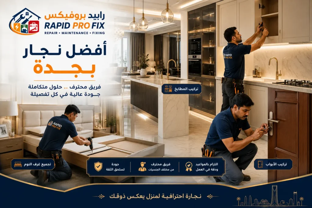 فريق من فنيي Rapid ProFix ينفذ أعمال تركيب مطبخ حديث، وتجميع غرفة نوم، وإصلاح باب خشبي داخل منزل فاخر في جدة مع إبراز خدمات النجارة الاحترافية.