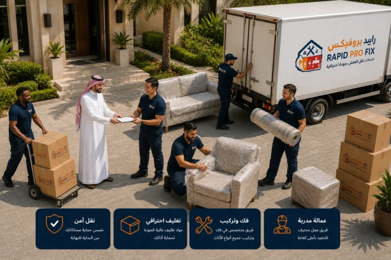 عميل سعودي مبتسم يقوم بتسليم نموذج الاستلام لأحد أعضاء فريق Rapid ProFix بعد اكتمال نقل الأثاث أمام فيلا حديثة في جدة، بينما يواصل الفريق إنهاء اللمسات الأخيرة للعمل