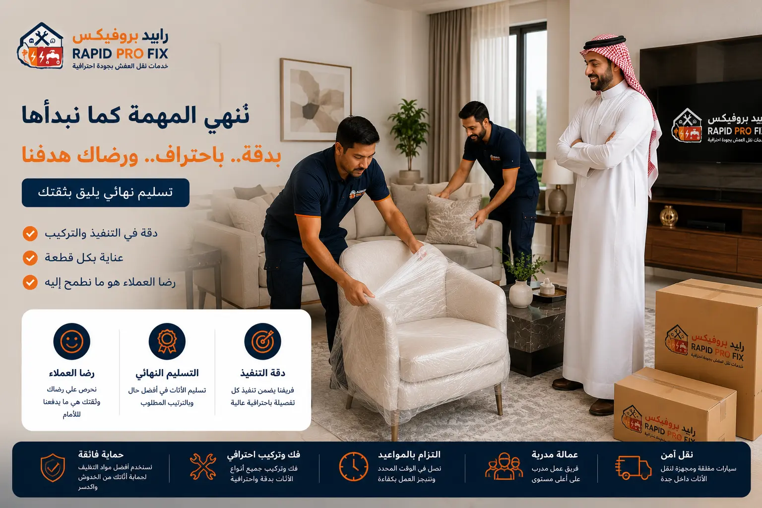نقل العفش، حيث يستلم العميل منزله بعد اكتمال أعمال النقل والفك والتركيب والتغليف. يظهر أحد الفنيين وهو يزيل غطاء الحماية عن قطعة الأثاث الأخيرة، بينما يقوم زميله بترتيب المكان استعدادًا للتسليم النهائي