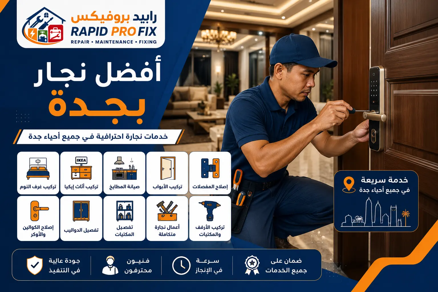 أفضل نجار بجدة لإصلاح الكوالين وتركيب الأبواب الذكية | Rapid ProFix