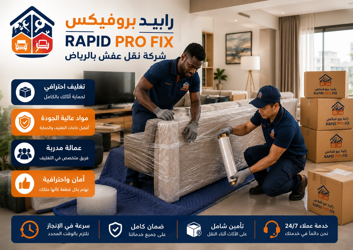 خدمات تغليف الأثاث بالرياض باستخدام مواد حماية عالية الجودة للحفاظ على الأثاث والأجهزة المنزلية والمقتنيات الحساسة أثناء النقل والتركيب.