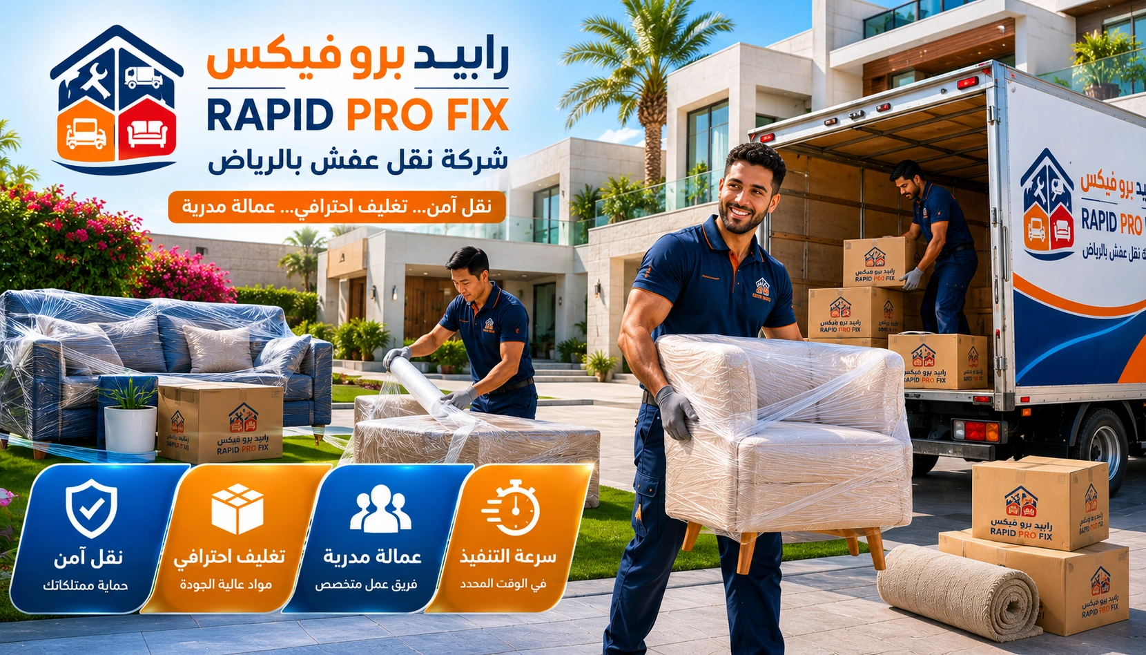 شركة نقل عفش بالرياض تقدم خدمات متكاملة لنقل الأثاث السكني والتجاري مع التغليف الاحترافي والفك والتركيب ونقل الشقق والفلل والمكاتب بواسطة فرق متخصصة وسيارات مجهزة للحفاظ على جميع المنقولات.