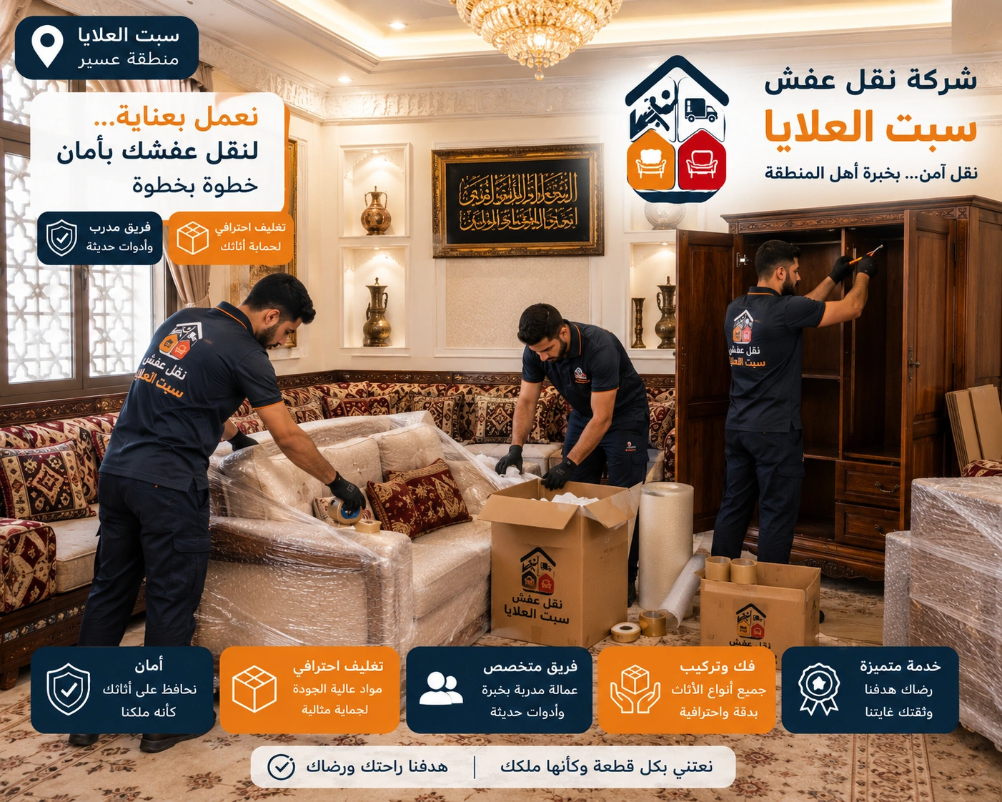 خدمات تغليف الأثاث بسبت العلايا باستخدام مواد حماية عالية الجودة للحفاظ على الأثاث والأجهزة المنزلية والمقتنيات الحساسة أثناء النقل والتركيب.