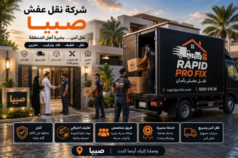 شركة نقل عفش بصبيا تقدم خدمات متكاملة لنقل الأثاث السكني والتجاري مع التغليف الاحترافي والفك والتركيب ونقل الشقق والفلل والمكاتب بواسطة فرق متخصصة وسيارات مجهزة للحفاظ على جميع المنقولات.