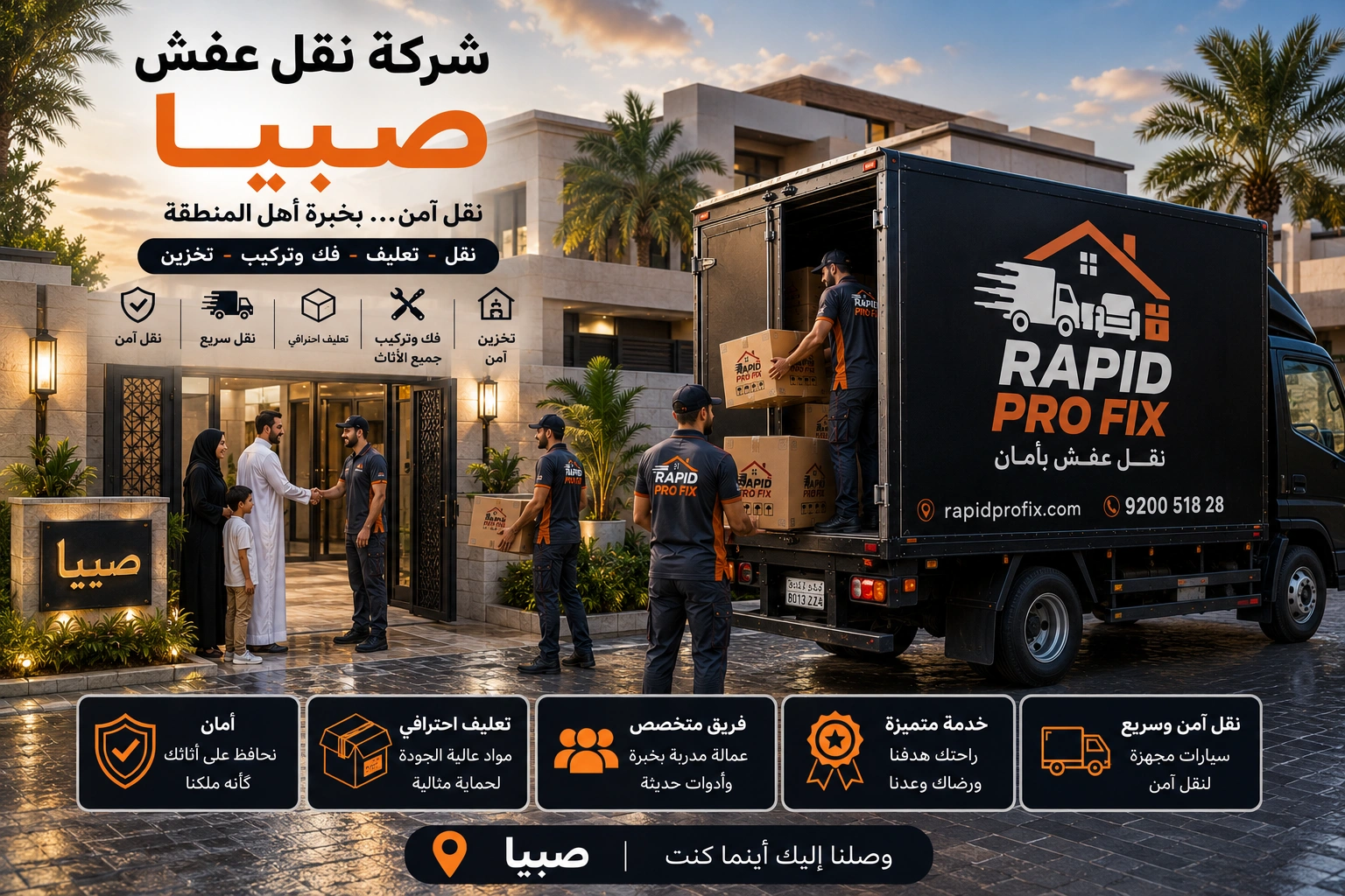 شركة نقل عفش بصبيا تقدم خدمات متكاملة لنقل الأثاث السكني والتجاري مع التغليف الاحترافي والفك والتركيب ونقل الشقق والفلل والمكاتب بواسطة فرق متخصصة وسيارات مجهزة للحفاظ على جميع المنقولات.