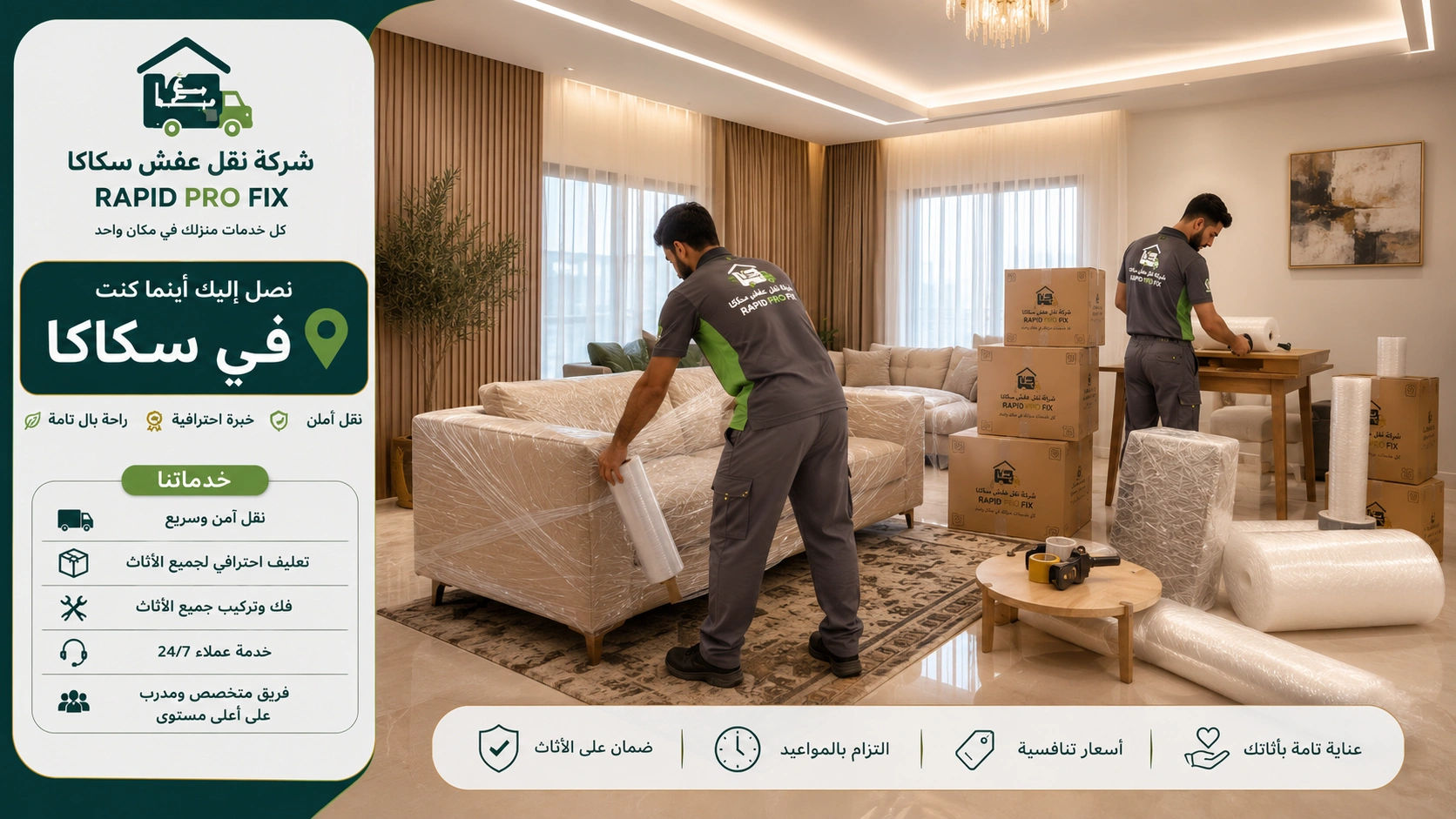 تغليف الأثاث بسكاكا | حماية احترافية لجميع المنقولات