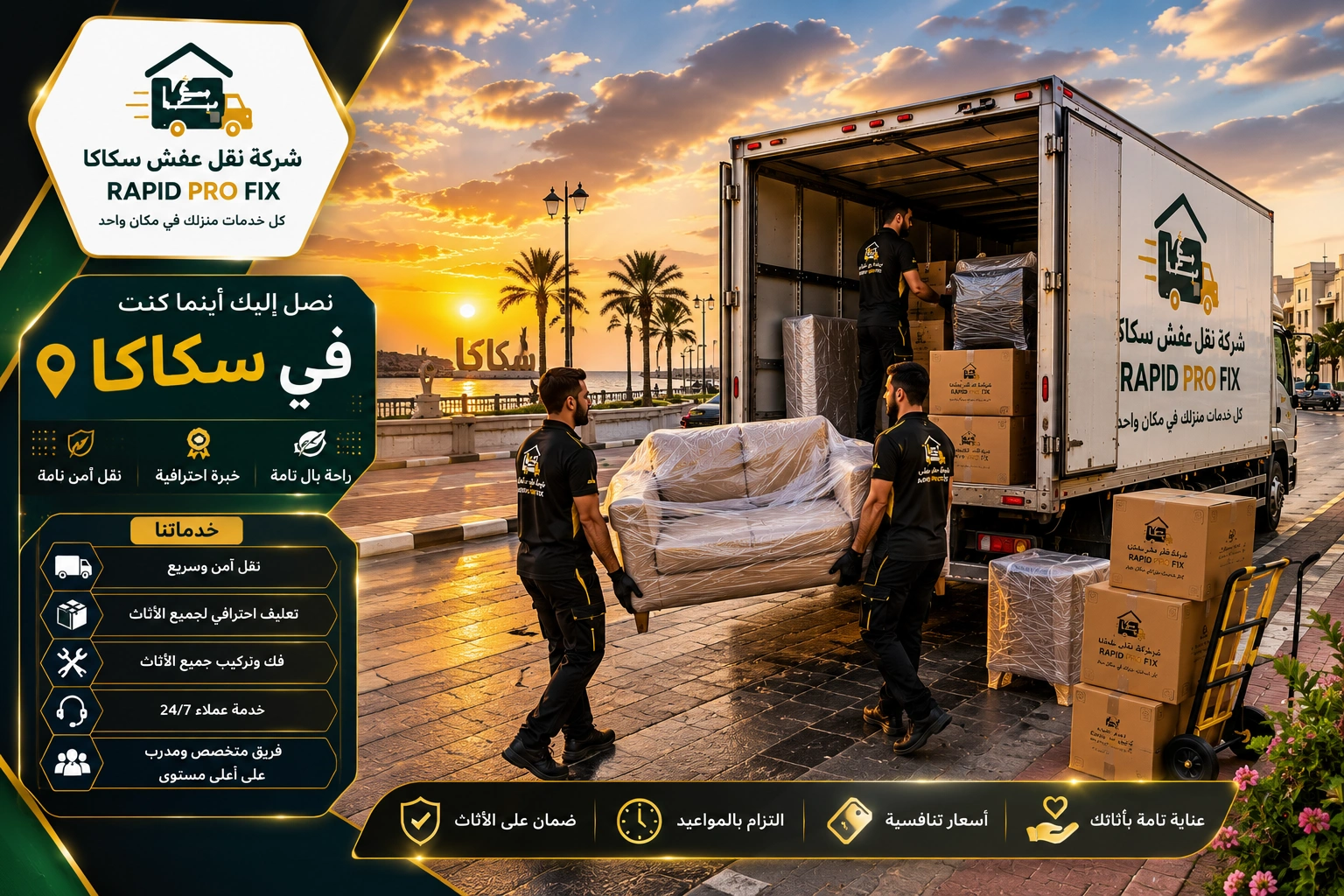 شركة نقل عفش بسكاكا تقدم خدمات متكاملة لنقل الأثاث السكني والتجاري مع التغليف الاحترافي والفك والتركيب ونقل الشقق والفلل والمكاتب بواسطة فرق متخصصة وسيارات مجهزة للحفاظ على جميع المنقولات.