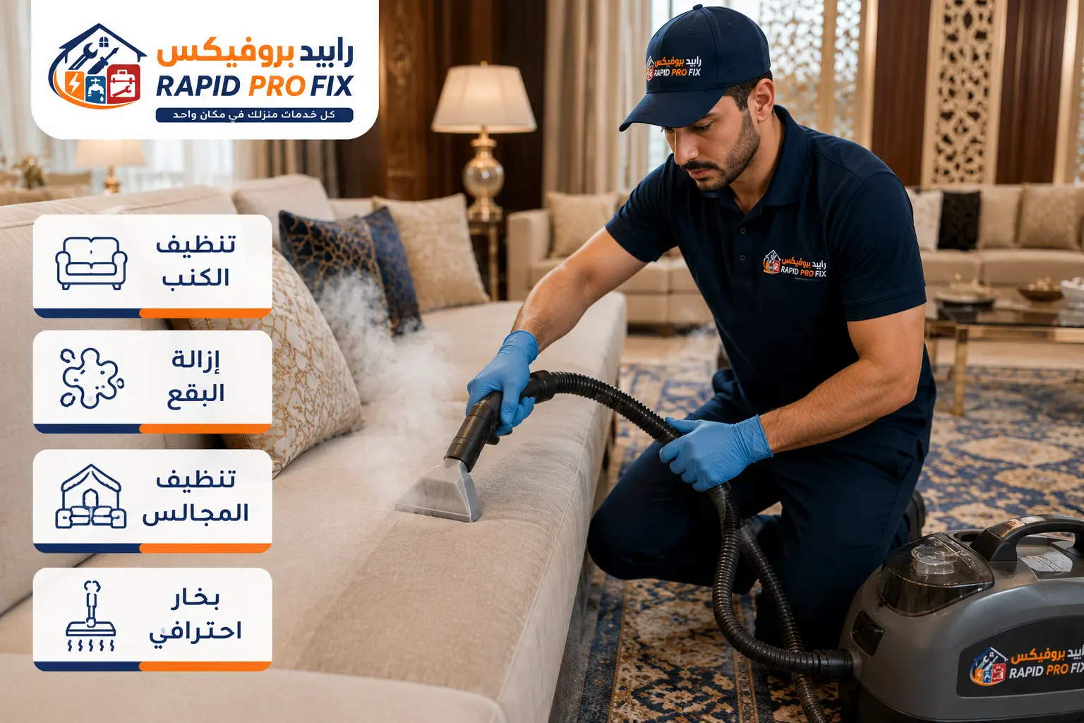 خدمة تنظيف الكنب بالبخار في جدة من رابيد بروفيكس لإزالة البقع وتنظيف المجالس والمفروشات باستخدام أجهزة احترافية ونتائج عالية الجودة.