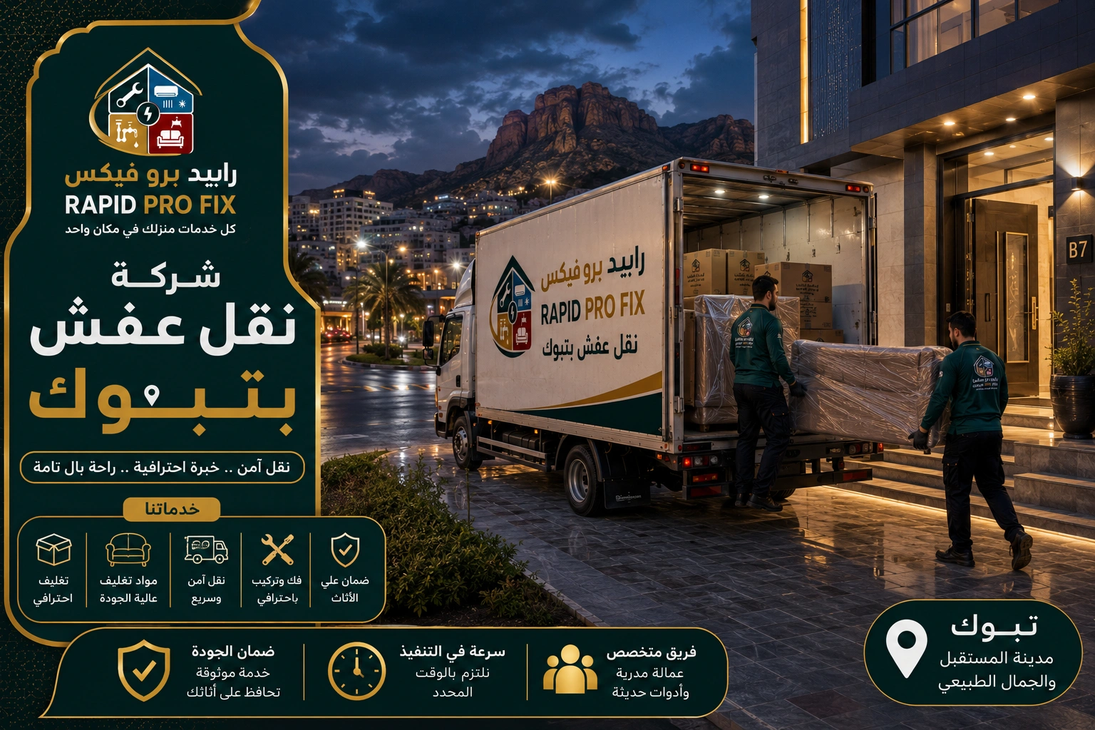 شركة نقل عفش بتبوك تقدم خدمات متكاملة لنقل الأثاث السكني والتجاري مع التغليف الاحترافي والفك والتركيب ونقل الشقق والفلل والمكاتب بواسطة فرق متخصصة وسيارات مجهزة للحفاظ على جميع المنقولات.