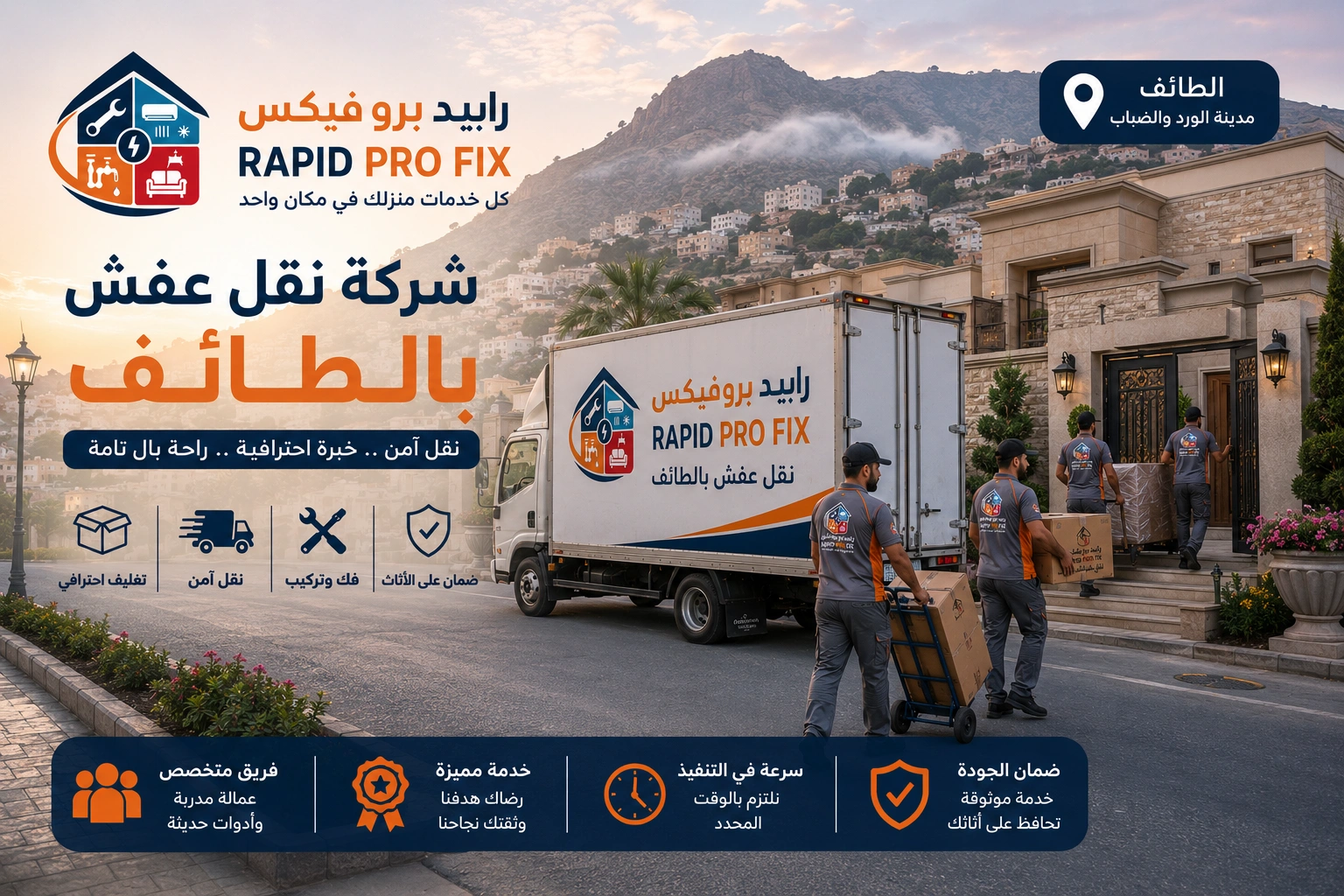 شركة نقل عفش بالطائف تقدم خدمات متكاملة لنقل الأثاث السكني والتجاري مع التغليف الاحترافي والفك والتركيب ونقل الشقق والفلل والمكاتب بواسطة فرق متخصصة وسيارات مجهزة للحفاظ على جميع المنقولات.