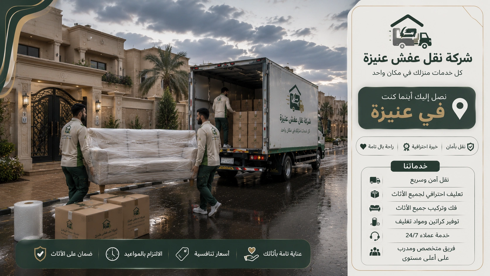 شركة نقل عفش بعنيزة تقدم خدمات متكاملة لنقل الأثاث السكني والتجاري مع التغليف الاحترافي والفك والتركيب ونقل الشقق والفلل والمكاتب بواسطة فرق متخصصة وسيارات مجهزة للحفاظ على جميع المنقولات.