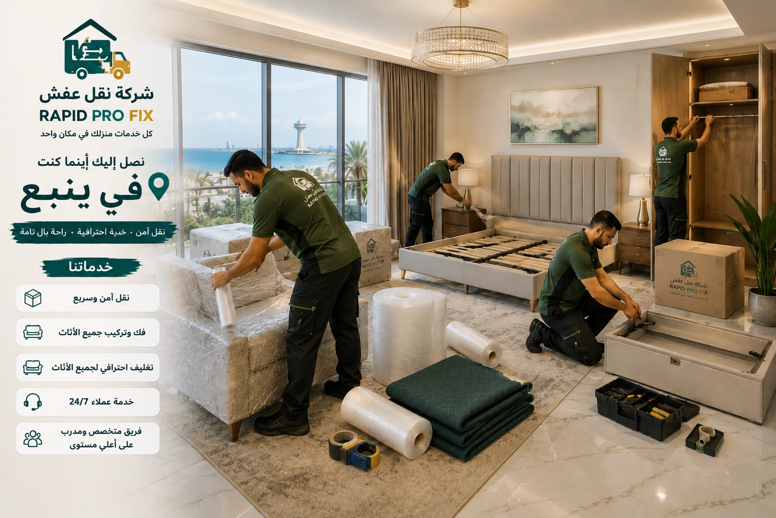 خدمات تغليف الأثاث بينبع باستخدام مواد حماية عالية الجودة للحفاظ على الأثاث والأجهزة المنزلية والمقتنيات الحساسة أثناء النقل والتركيب.