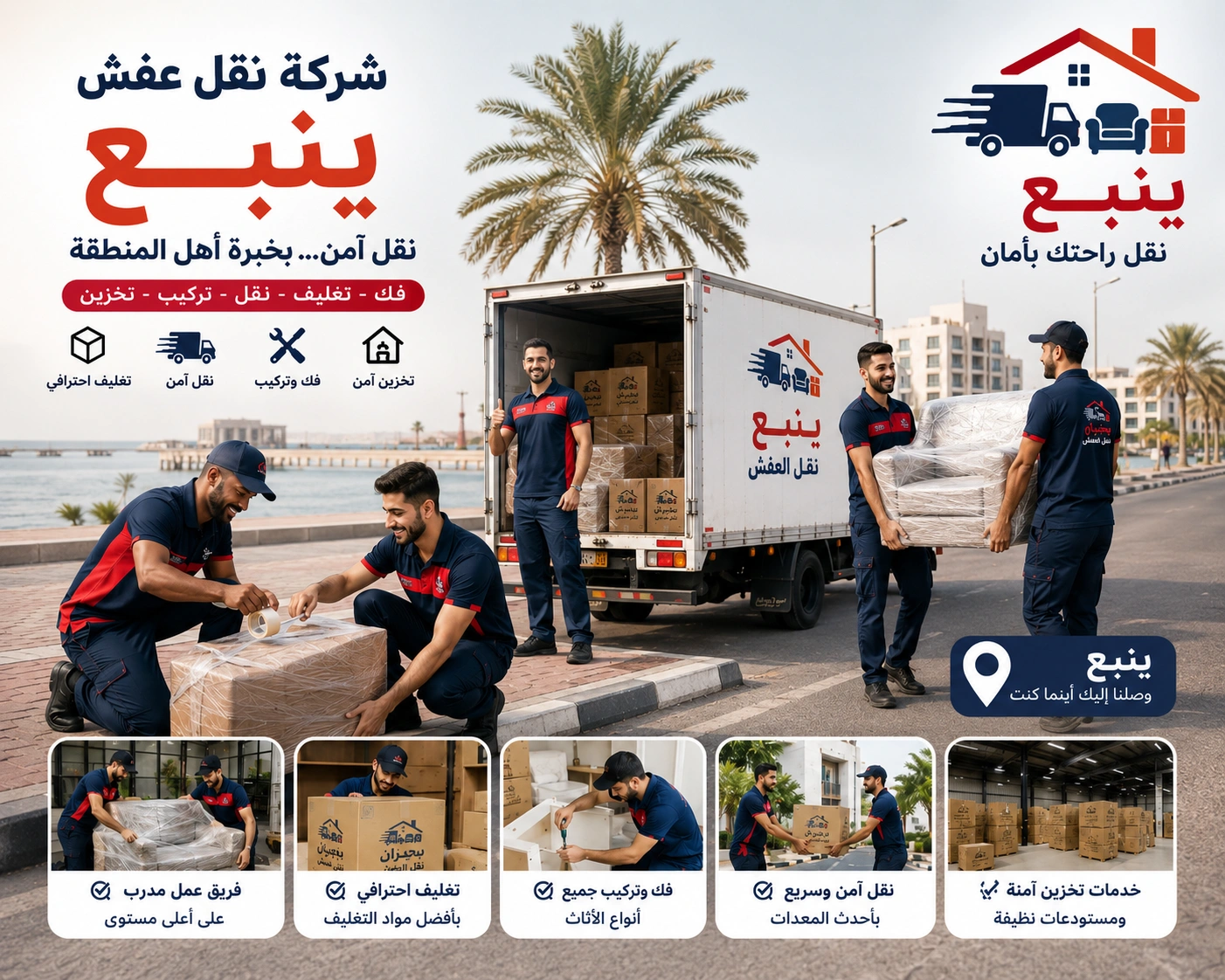شركة نقل عفش بينبع تقدم خدمات متكاملة لنقل الأثاث السكني والتجاري مع التغليف الاحترافي والفك والتركيب ونقل الشقق والفلل والمكاتب بواسطة فرق متخصصة وسيارات مجهزة للحفاظ على جميع المنقولات.
