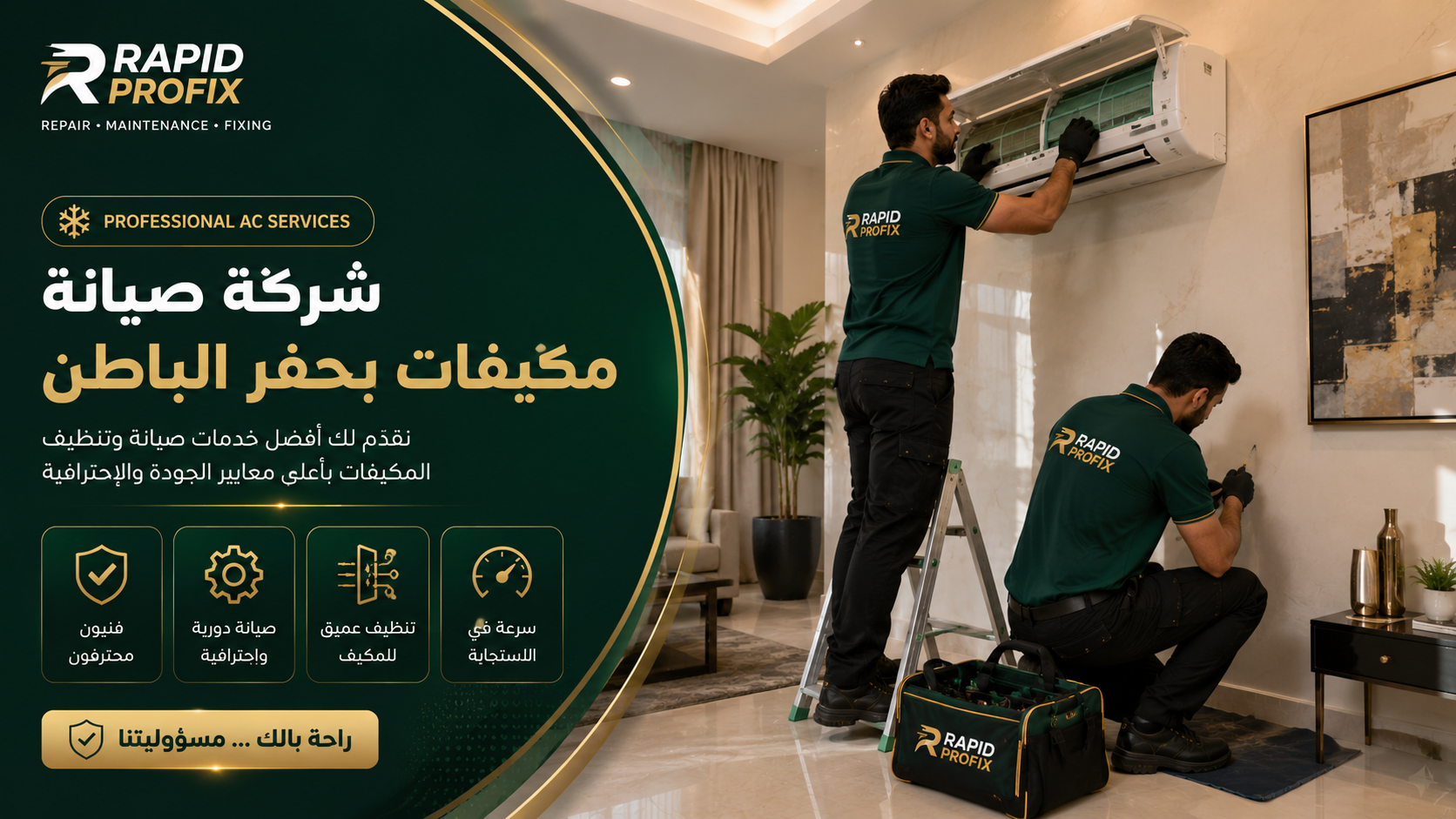 فني ومساعد يقومان بتنظيف وصيانة مكيف سبليت داخل منزل حديث في حفر الباطن.