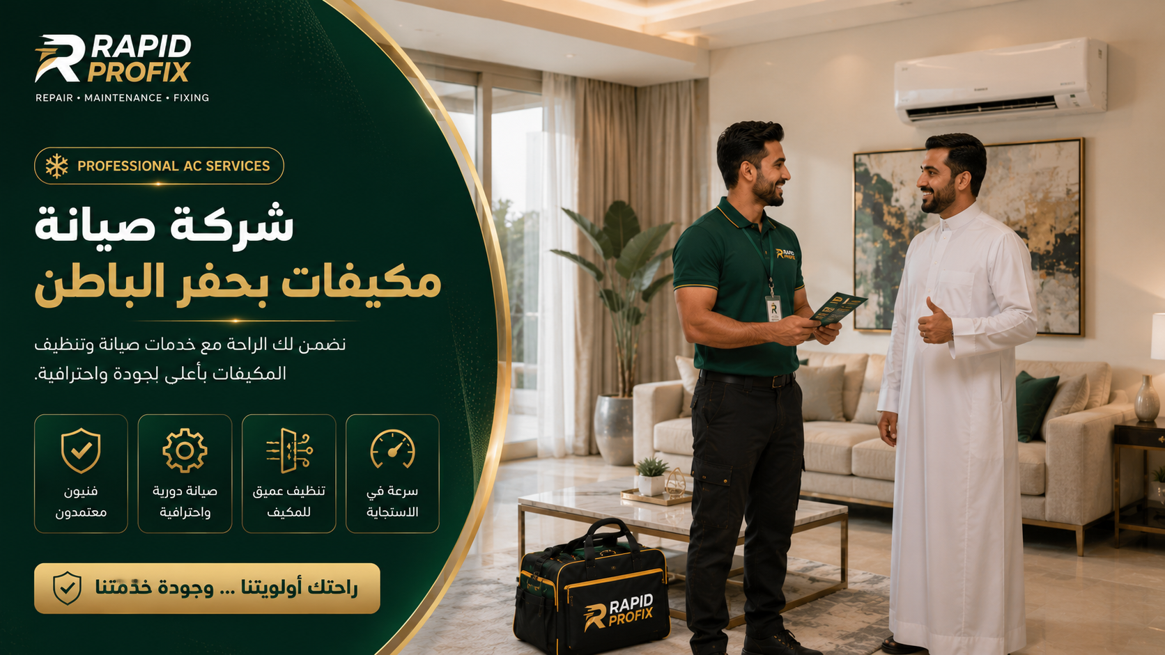 فني صيانة مكيفات يشرح للعميل نتائج الصيانة بعد الانتهاء من العمل داخل منزل في حفر الباطن.