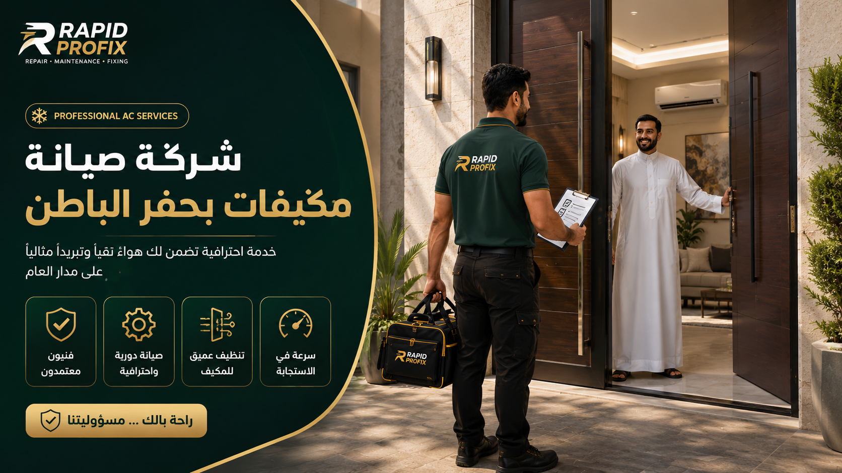 فني صيانة مكيفات يصل إلى منزل عميل في حفر الباطن لبدء أعمال فحص وصيانة المكيفات باستخدام معدات احترافية.