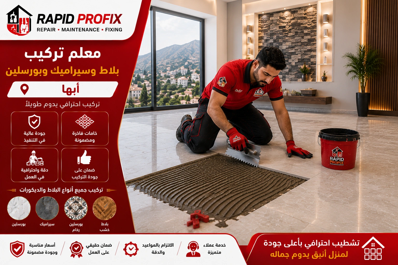 فني متخصص في تركيب البلاط والسيراميك والبورسلين بأبها أثناء تنفيذ أعمال التركيب والمحاذاة الدقيقة للحصول على تشطيب احترافي يدوم لسنوات.