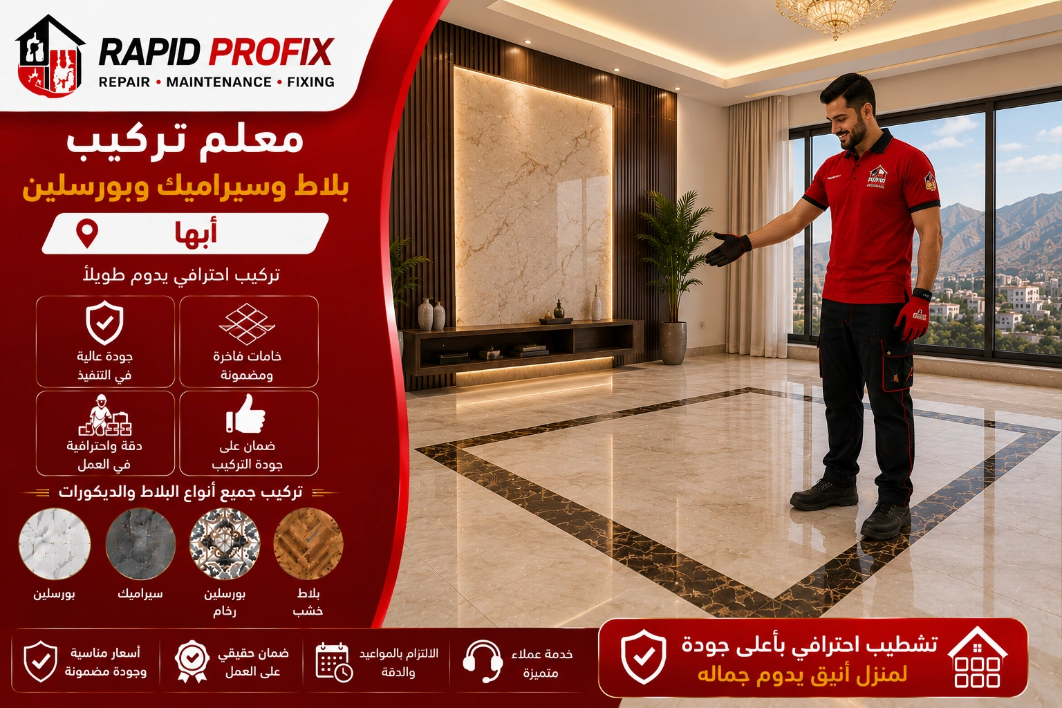 النتيجة النهائية لأعمال معلم تركيب بلاط وسيراميك وبورسلين بأبها بعد اكتمال المشروع بجودة عالية وتشطيب متقن.