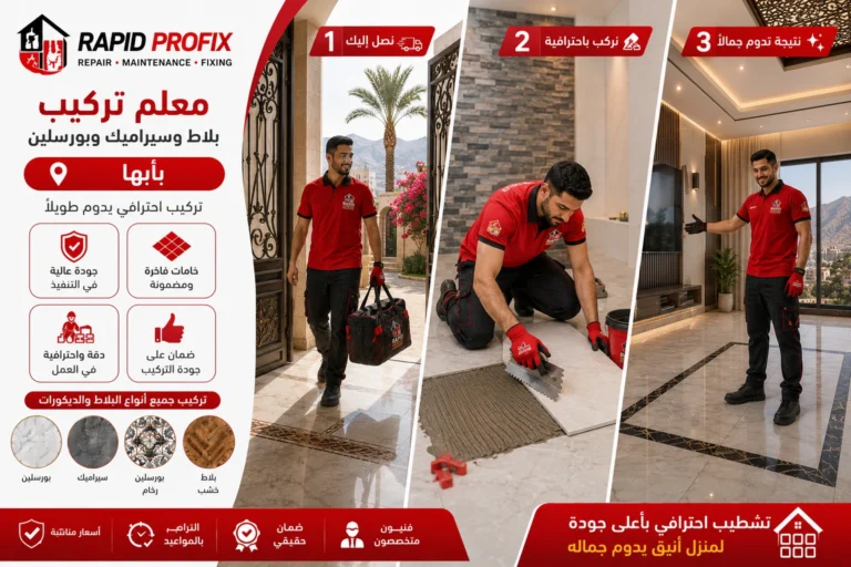 معلم تركيب بلاط وسيراميك وبورسلين بأبها يصل إلى موقع العميل لبدء تنفيذ أعمال تركيب الأرضيات والجدران باستخدام أدوات احترافية وخبرة متخصصة.