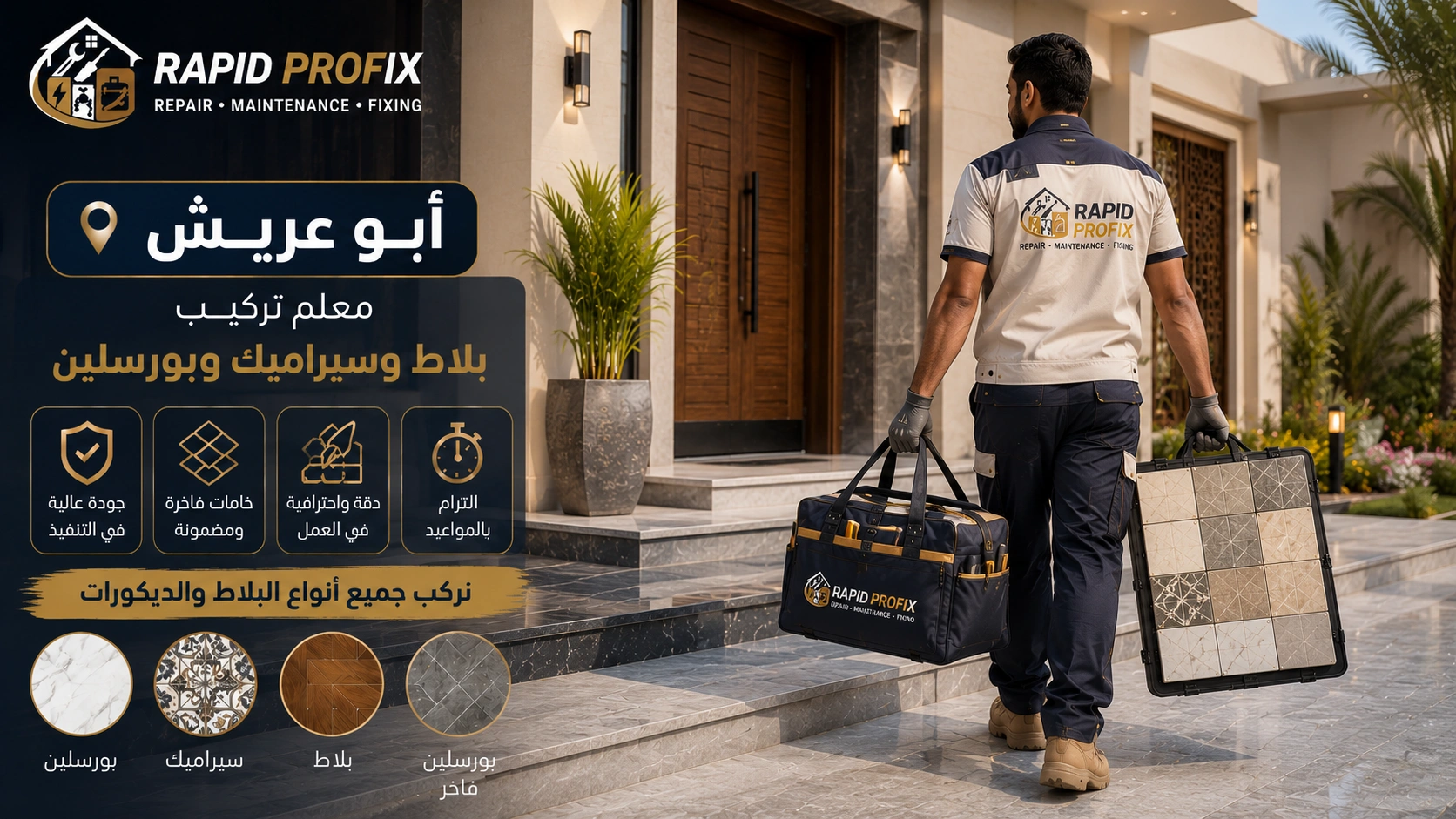 معلم تركيب بلاط وسيراميك وبورسلين أبو عريش يصل إلى موقع العميل لبدء تنفيذ أعمال تركيب الأرضيات والجدران باستخدام أدوات احترافية وخبرة متخصصة.