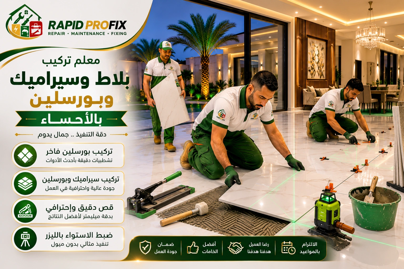 معلم تركيب بلاط وسيراميك وبورسلين بالأحساء يصل إلى موقع العميل لبدء تنفيذ أعمال تركيب الأرضيات والجدران باستخدام أدوات احترافية.