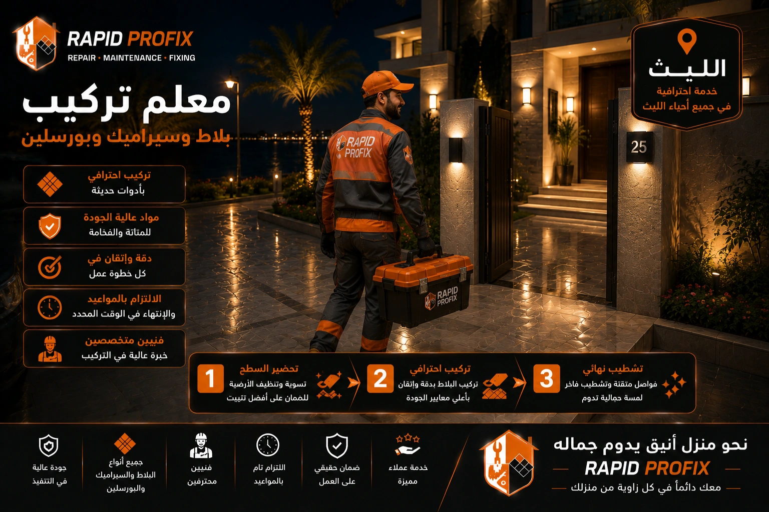 معلم تركيب بلاط وسيراميك وبورسلين بالليث يصل إلى موقع العميل لبدء تنفيذ أعمال تركيب الأرضيات والجدران باستخدام أدوات احترافية وخبرة متخصصة.