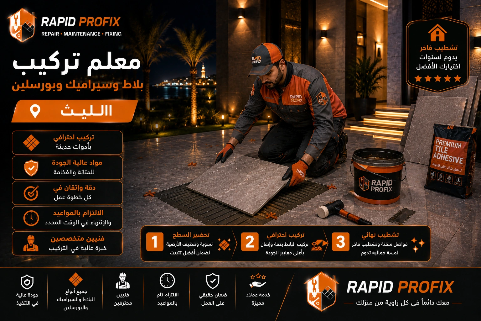 فني متخصص في تركيب البلاط والسيراميك والبورسلين بالليث أثناء تنفيذ أعمال التركيب والمحاذاة الدقيقة للحصول على تشطيب احترافي يدوم لسنوات.