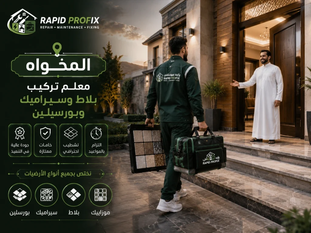 معلم تركيب بلاط وسيراميك وبورسلين المخواه يصل إلى موقع العميل لبدء تنفيذ أعمال تركيب الأرضيات والجدران باستخدام أدوات ومعدات احترافية.