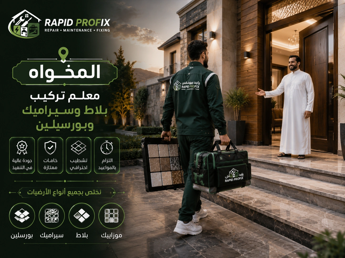 معلم تركيب بلاط وسيراميك وبورسلين المخواه يصل إلى موقع العميل لبدء تنفيذ أعمال تركيب الأرضيات والجدران باستخدام أدوات ومعدات احترافية.