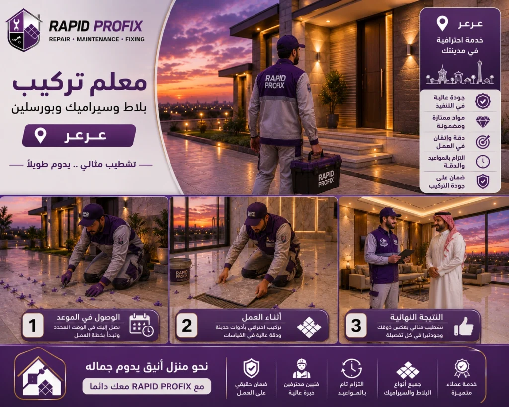 معلم تركيب بلاط وسيراميك وبورسلين بعرعر يصل إلى موقع العميل لبدء تنفيذ أعمال تركيب الأرضيات والجدران باستخدام أدوات احترافية وخبرة متخصصة.