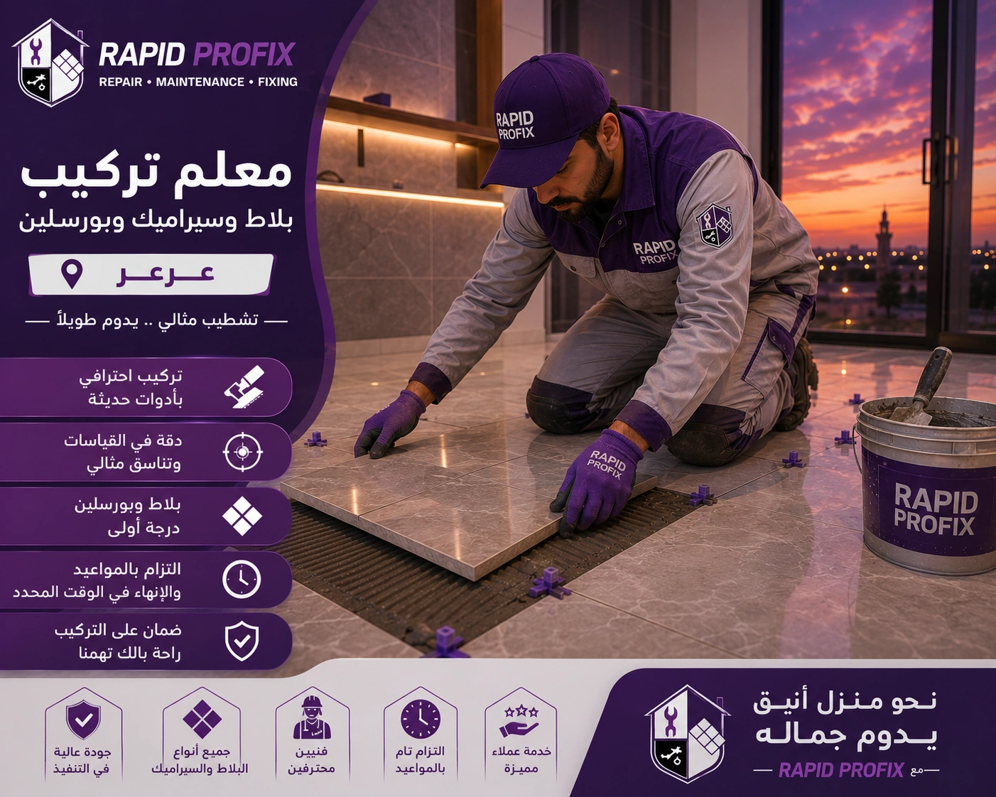 فني متخصص في تركيب البلاط والسيراميك والبورسلين بعرعر أثناء تنفيذ أعمال التركيب والمحاذاة الدقيقة للحصول على تشطيب احترافي يدوم لسنوات.