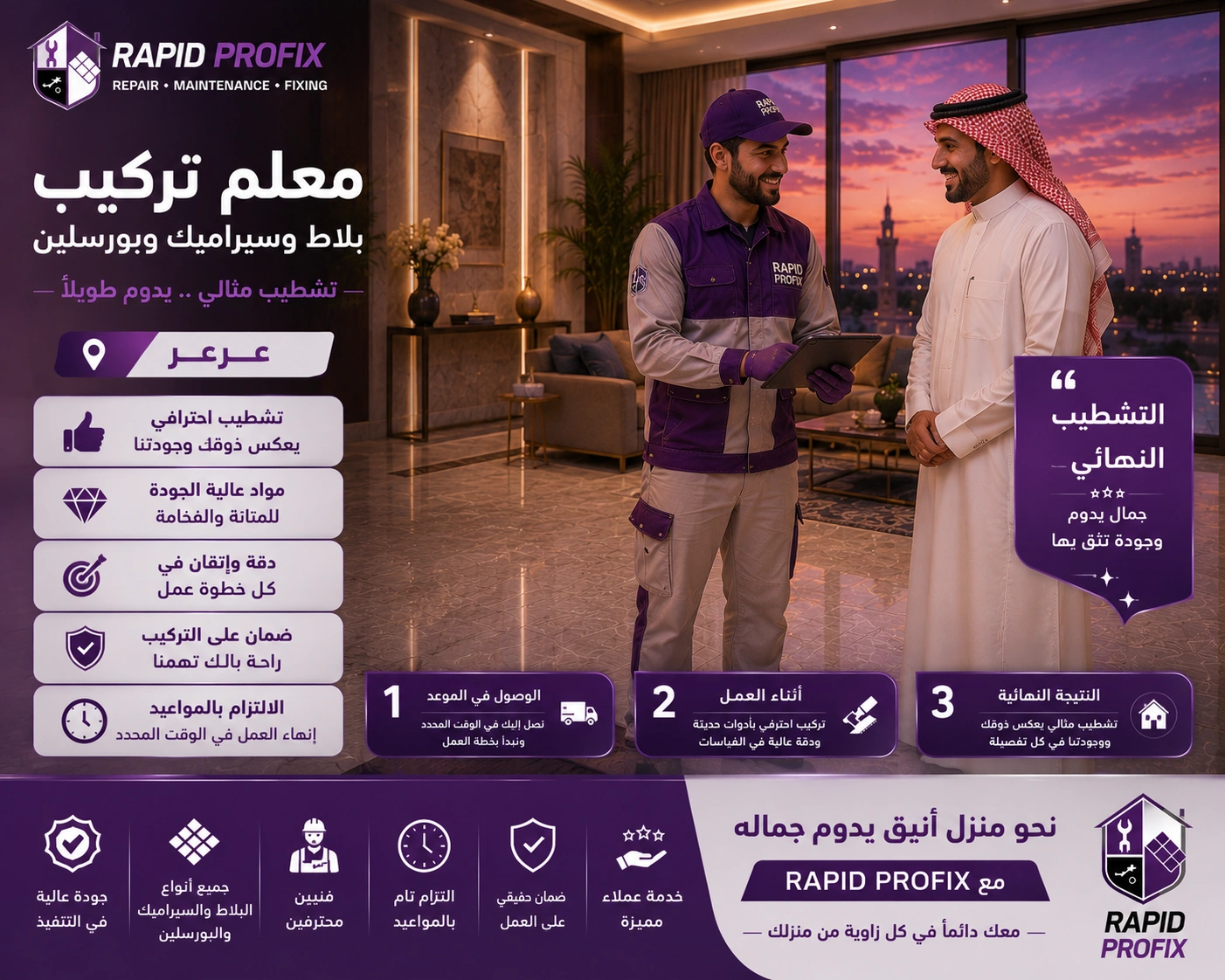 النتيجة النهائية لأعمال معلم تركيب بلاط وسيراميك وبورسلين بعرعر بعد اكتمال المشروع بجودة عالية وتشطيب متقن.