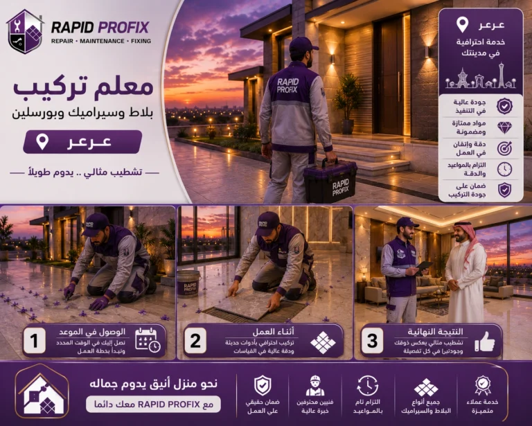 معلم تركيب بلاط وسيراميك وبورسلين بعرعر يصل إلى موقع العميل لبدء تنفيذ أعمال تركيب الأرضيات والجدران باستخدام أدوات احترافية وخبرة متخصصة.