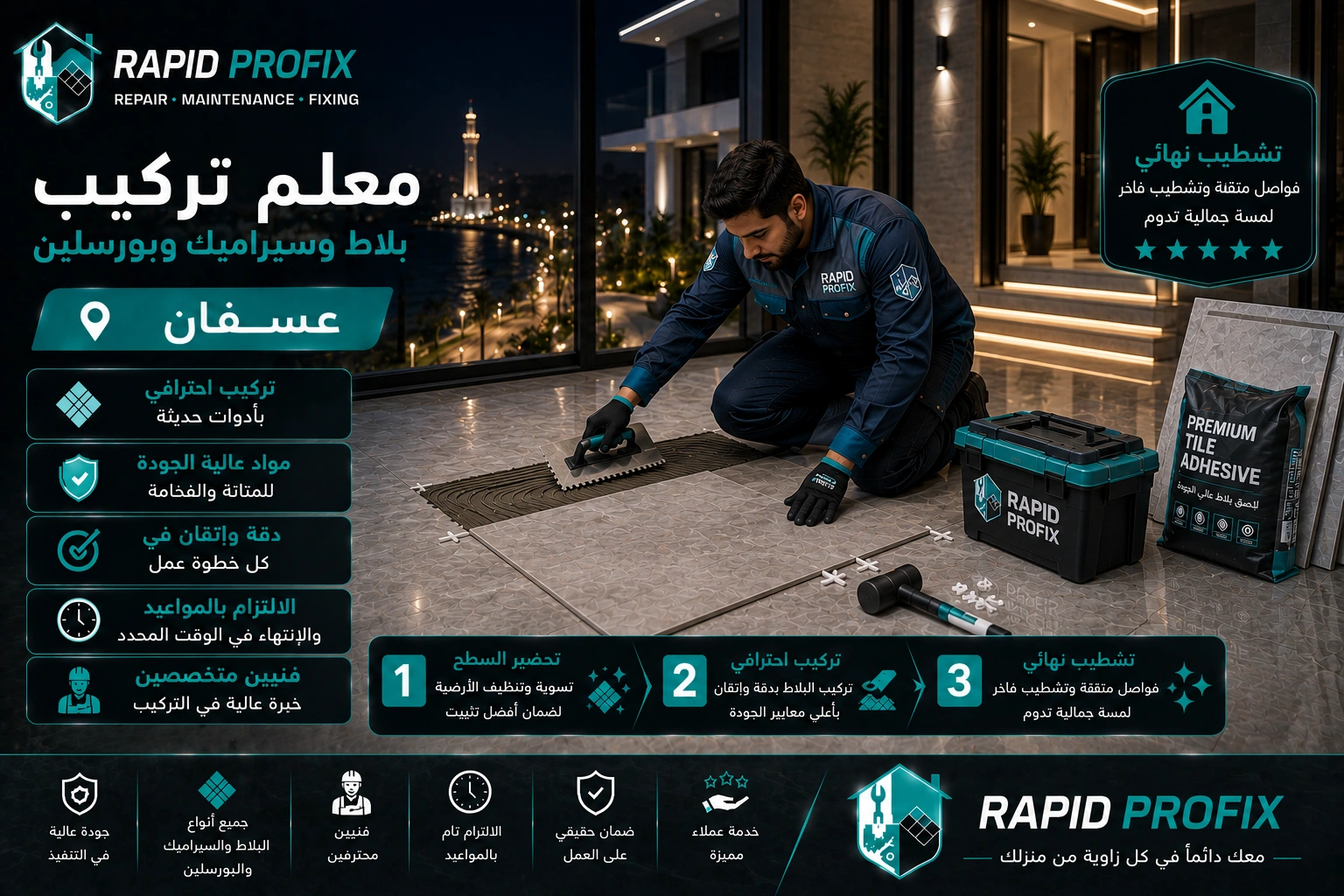 فني متخصص في تركيب البلاط والسيراميك والبورسلين بعسفان أثناء تنفيذ أعمال التركيب والمحاذاة الدقيقة للحصول على تشطيب احترافي يدوم لسنوات.
