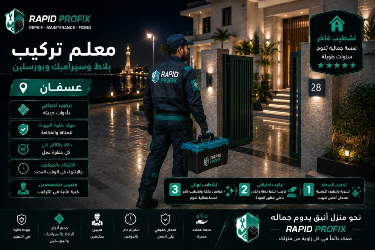 معلم تركيب بلاط وسيراميك وبورسلين بعسفان يصل إلى موقع العميل لبدء تنفيذ أعمال تركيب الأرضيات والجدران باستخدام أدوات احترافية وخبرة متخصصة.