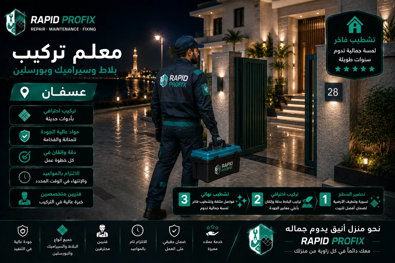 معلم تركيب بلاط وسيراميك وبورسلين بعسفان يصل إلى موقع العميل لبدء تنفيذ أعمال تركيب الأرضيات والجدران باستخدام أدوات احترافية وخبرة متخصصة.