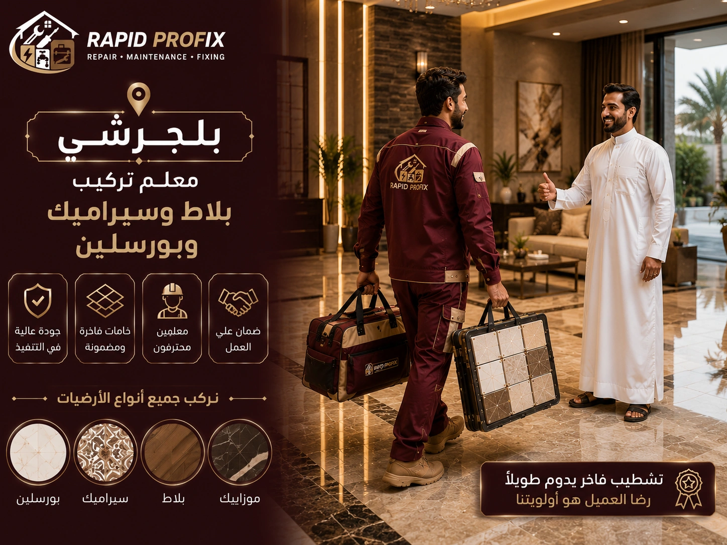 النتيجة النهائية لأعمال معلم تركيب بلاط وسيراميك وبورسلين بلجرشي بعد اكتمال المشروع بجودة عالية وتشطيب احترافي.