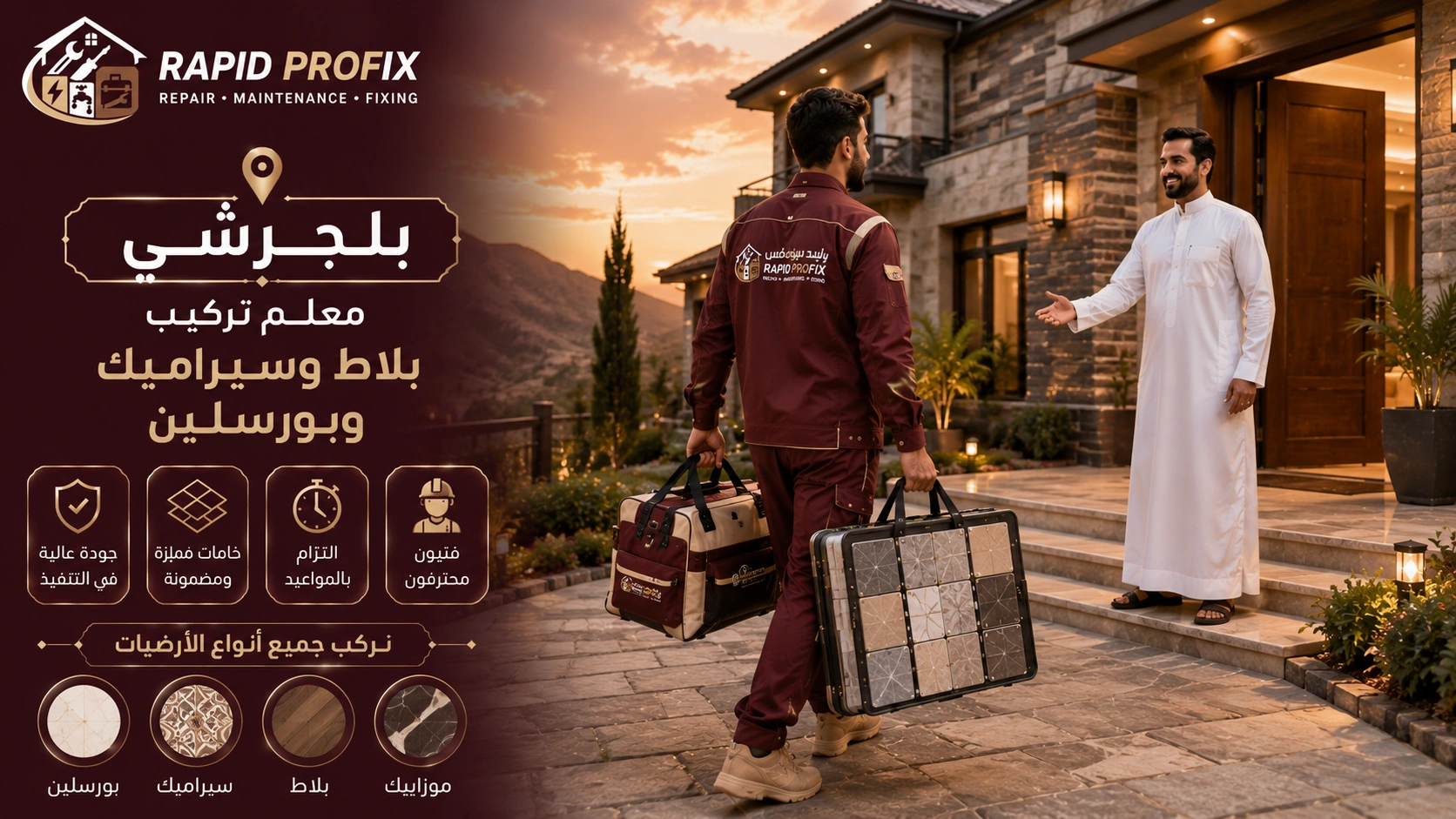معلم تركيب بلاط وسيراميك وبورسلين بلجرشي يصل إلى موقع العميل لبدء تنفيذ أعمال تركيب الأرضيات والجدران باستخدام أدوات ومعدات احترافية.