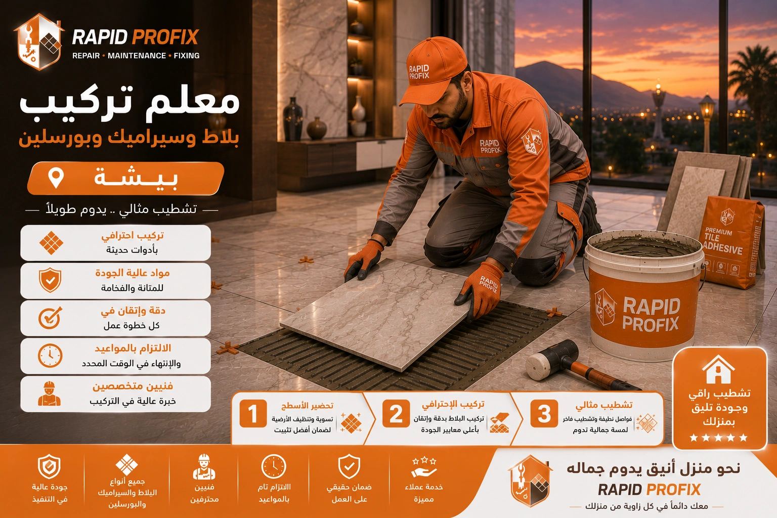 فني متخصص في تركيب البلاط والسيراميك والبورسلين ببيشة أثناء تنفيذ أعمال التركيب والمحاذاة الدقيقة للحصول على تشطيب احترافي يدوم لسنوات.