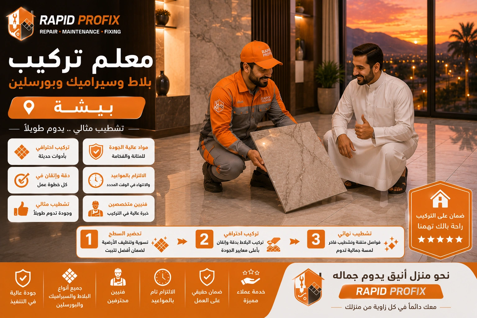 النتيجة النهائية لأعمال معلم تركيب بلاط وسيراميك وبورسلين ببيشة بعد اكتمال المشروع بجودة عالية وتشطيب متقن.