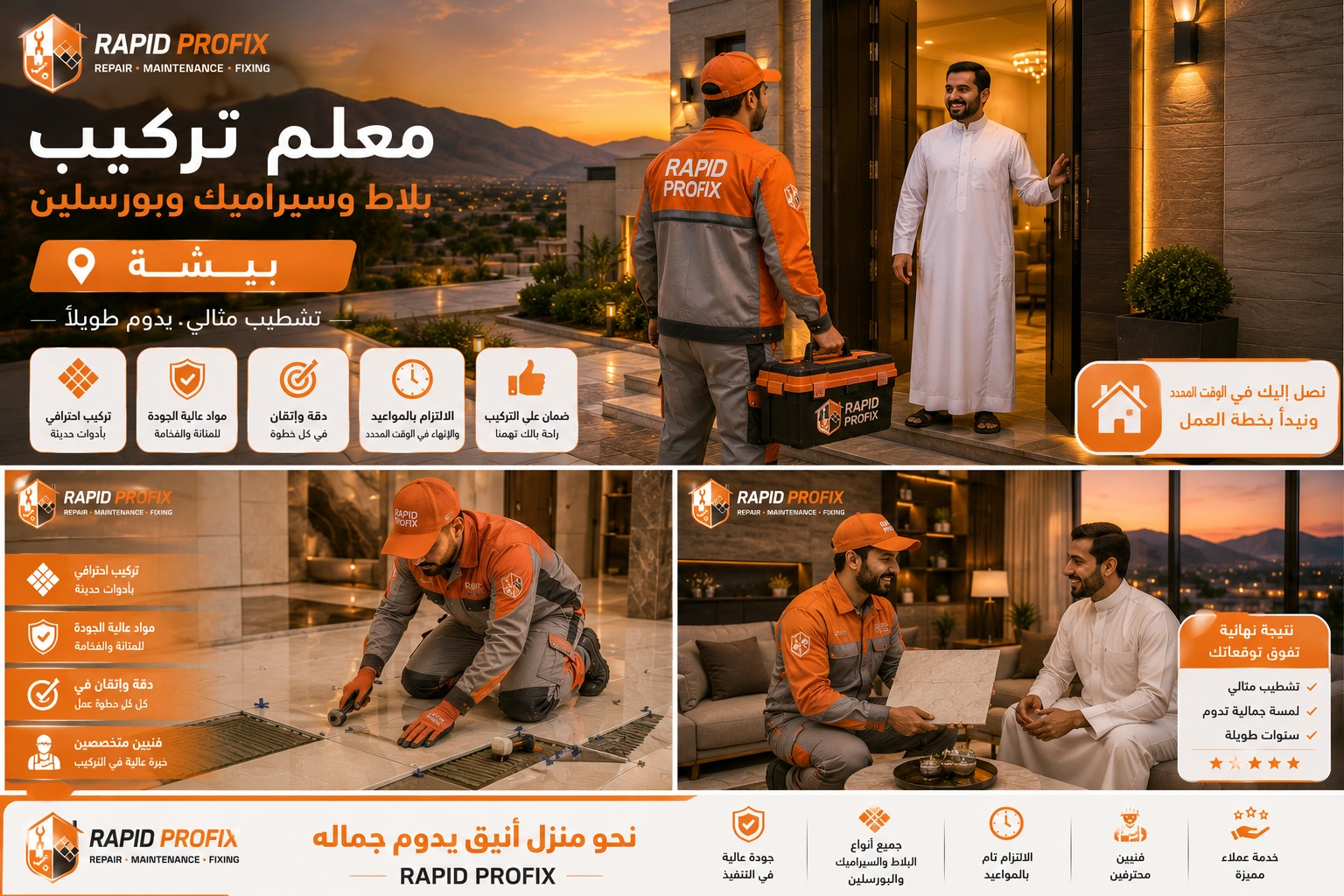 معلم تركيب بلاط وسيراميك وبورسلين ببيشة يصل إلى موقع العميل لبدء تنفيذ أعمال تركيب الأرضيات والجدران باستخدام أدوات احترافية وخبرة متخصصة.