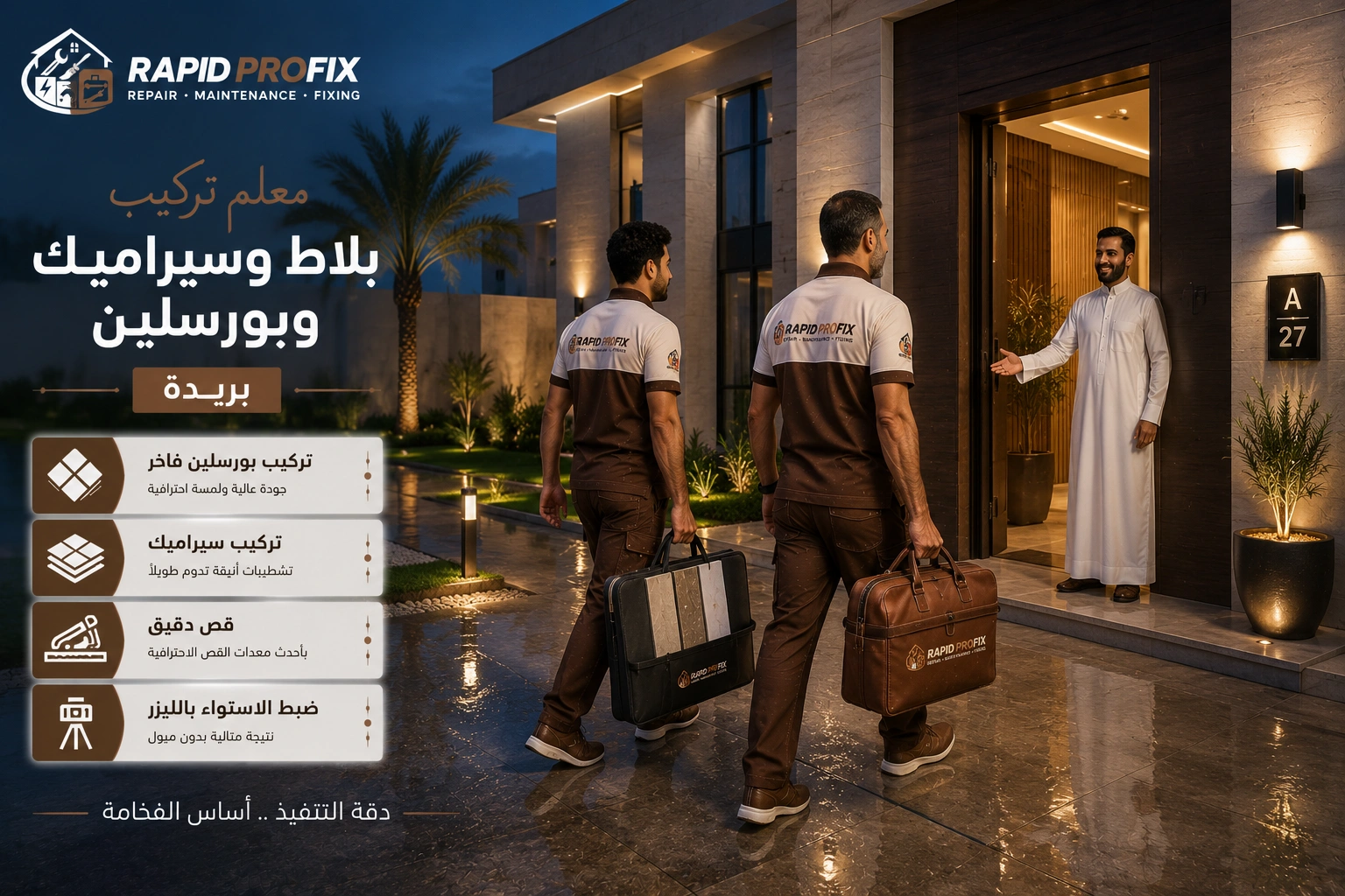 معلم تركيب بلاط وسيراميك وبورسلين بريدة يصل إلى موقع العميل لبدء تنفيذ أعمال تركيب البلاط باستخدام أدوات حديثة وخبرة احترافية.
