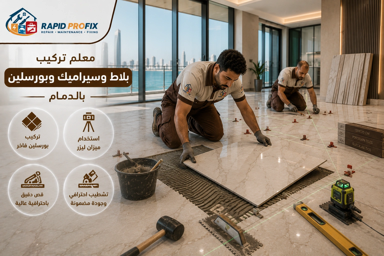 فني متخصص في تركيب البلاط والسيراميك والبورسلين بالدمام أثناء تنفيذ أعمال التركيب باحترافية للحصول على تشطيب متقن ومظهر عصري.