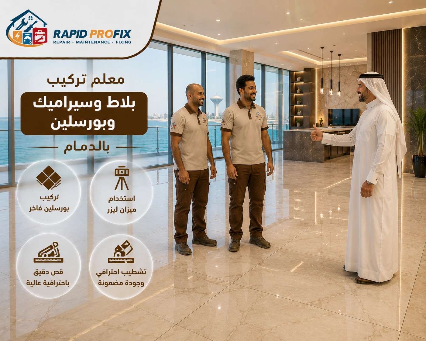 النتيجة النهائية لأعمال معلم تركيب بلاط وسيراميك وبورسلين بالدمام بعد اكتمال المشروع بجودة عالية وتشطيب احترافي.