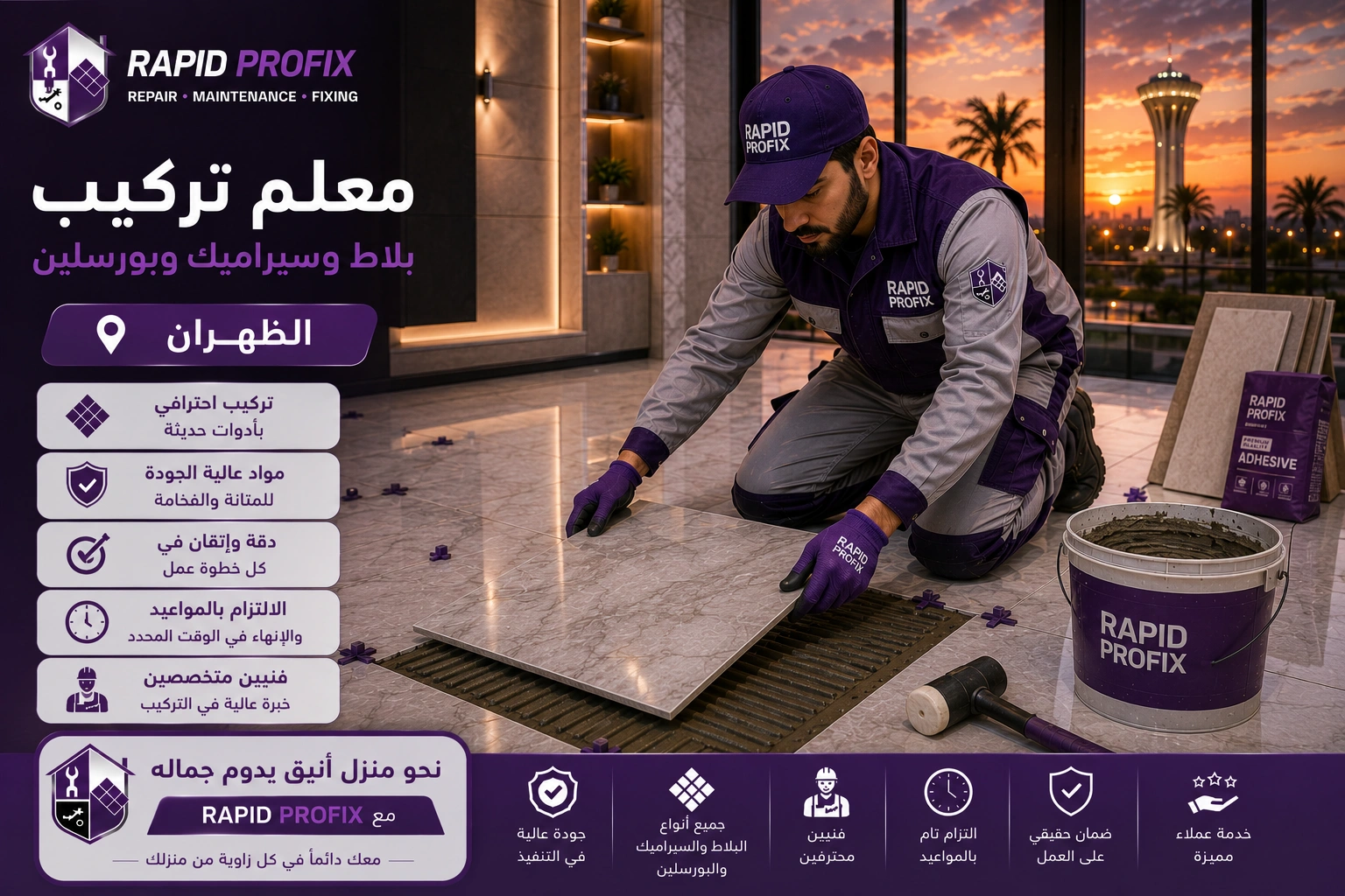فني متخصص في تركيب البلاط والسيراميك والبورسلين بالظهران أثناء تنفيذ أعمال التركيب والمحاذاة الدقيقة للحصول على تشطيب احترافي يدوم لسنوات.